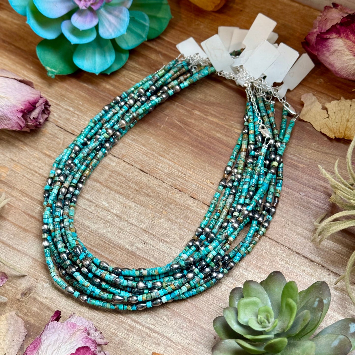 Turquoise Heishi Necklace with Pear Shape Pendant – 14”, back view