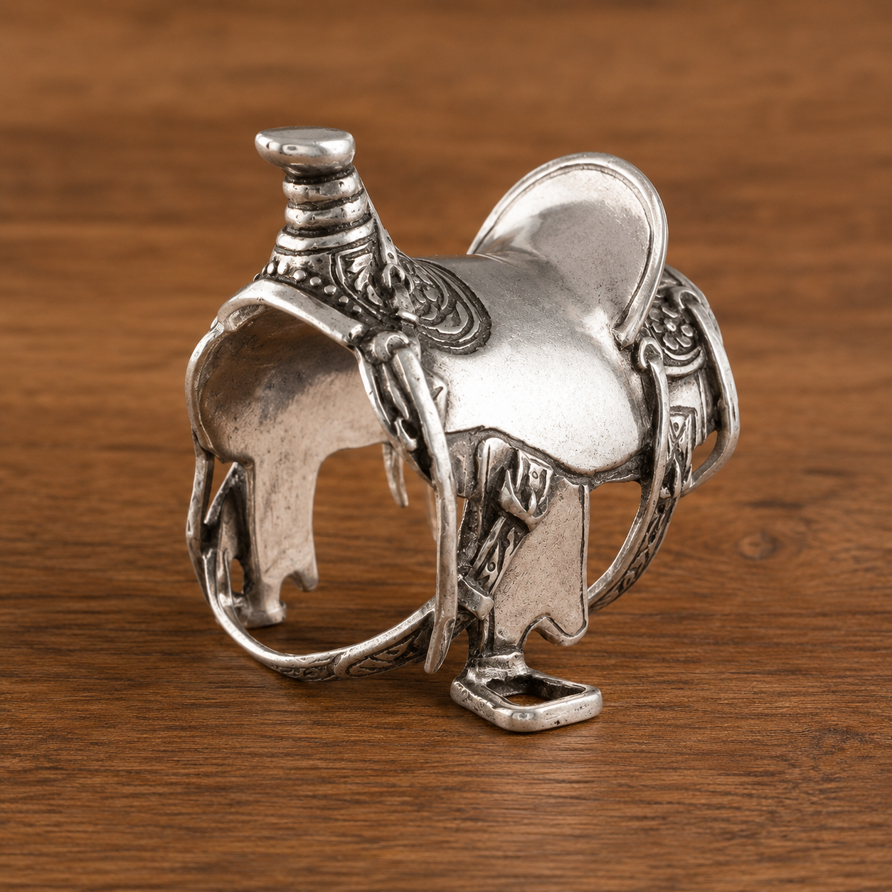 Pewter Cowboy Saddle Napkin Ring, lifestyle view