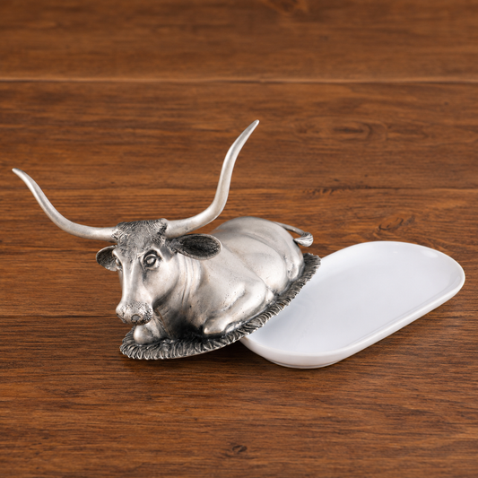 Pewter Longhorn Steer Butter Dish, detail view