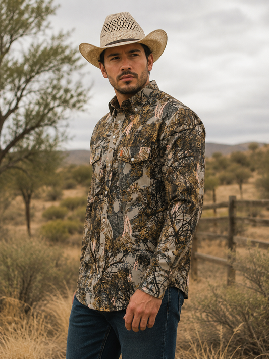 Mesquite Camo Pearl Snap, detail view