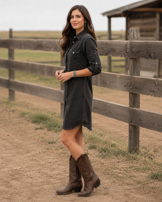 Savannah Denim Shirt Dress - Black Denim
