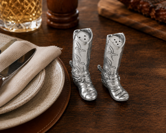 Pewter Cowboy Boot Salt & Pepper Set, detail view