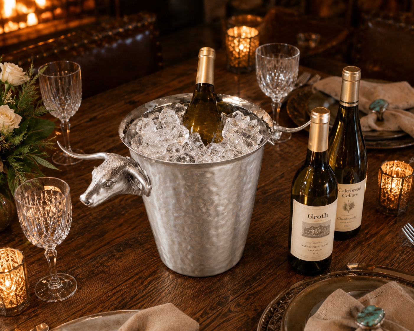 Steel Ice Bucket with Long Horn Steer Handles, lifestyle view