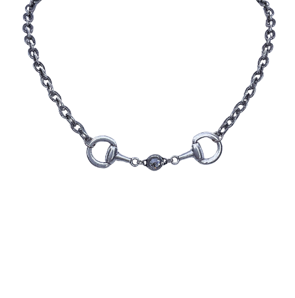Vintage Sterling Plated Reproduction Horse Bit and Crystal Necklace, front view