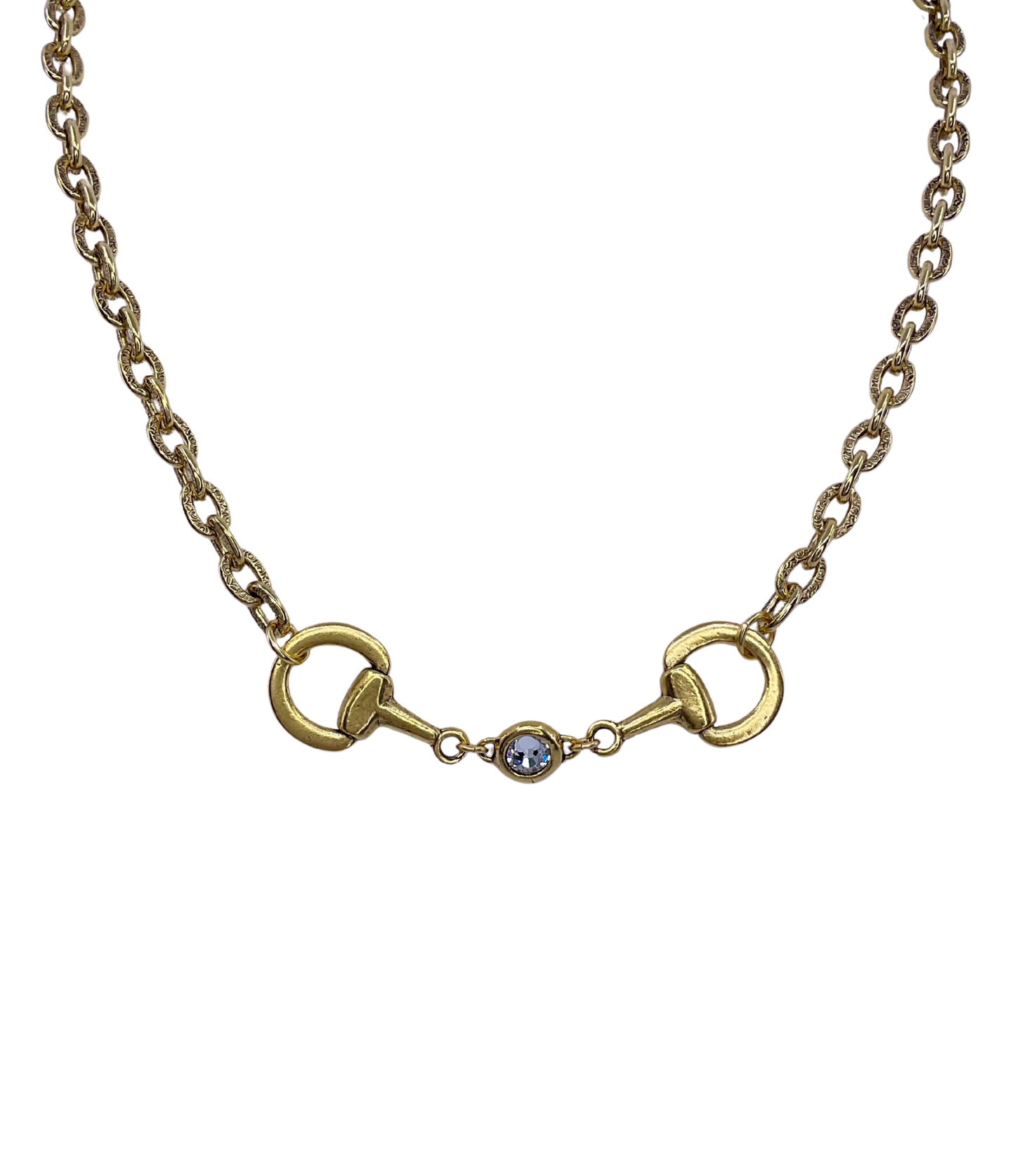 Vintage Gold Plated Reproduction Horse Bit and Crystal Necklace, front view