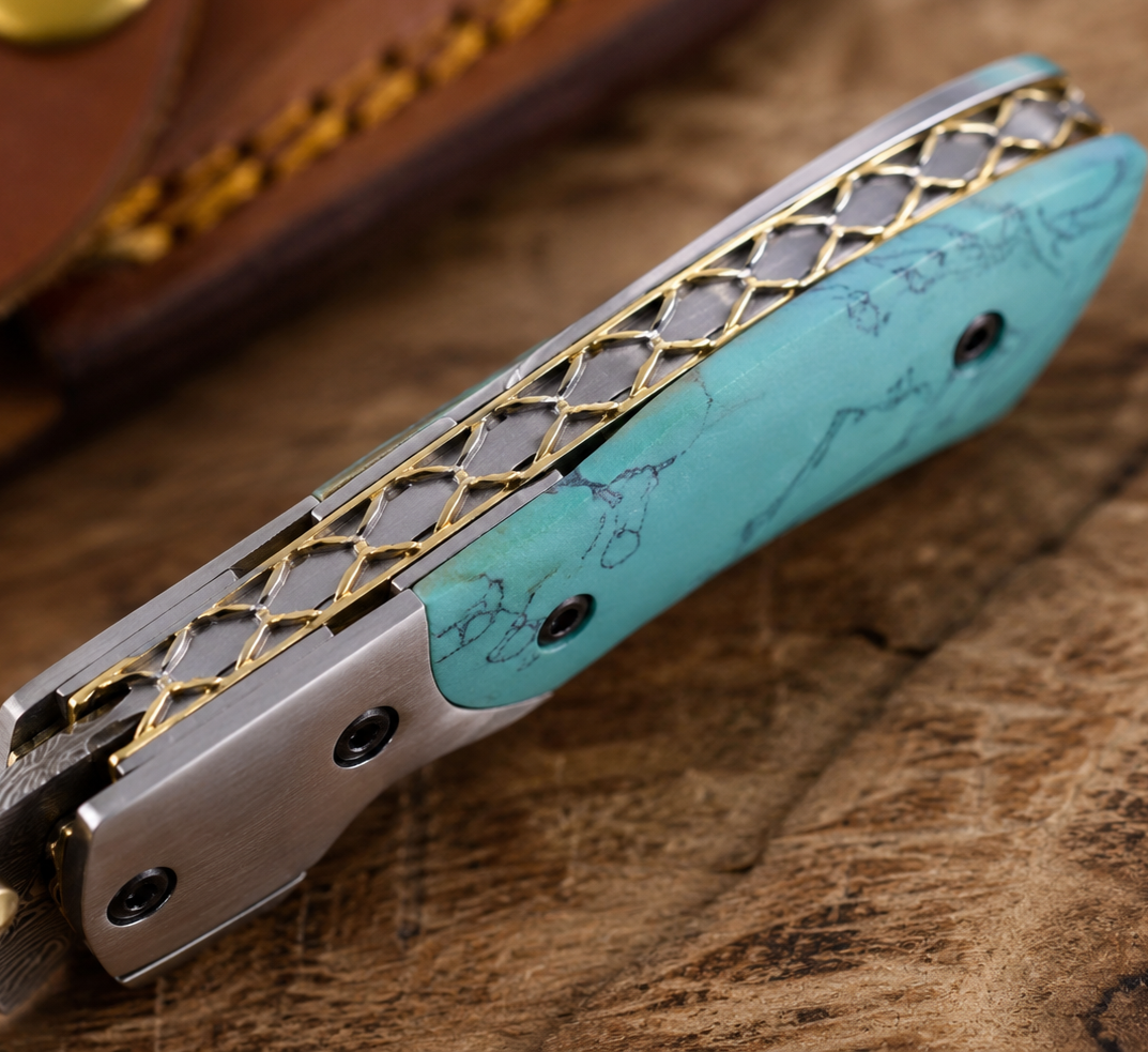 Damascus Steel Turquoise Resin Pocket Knife