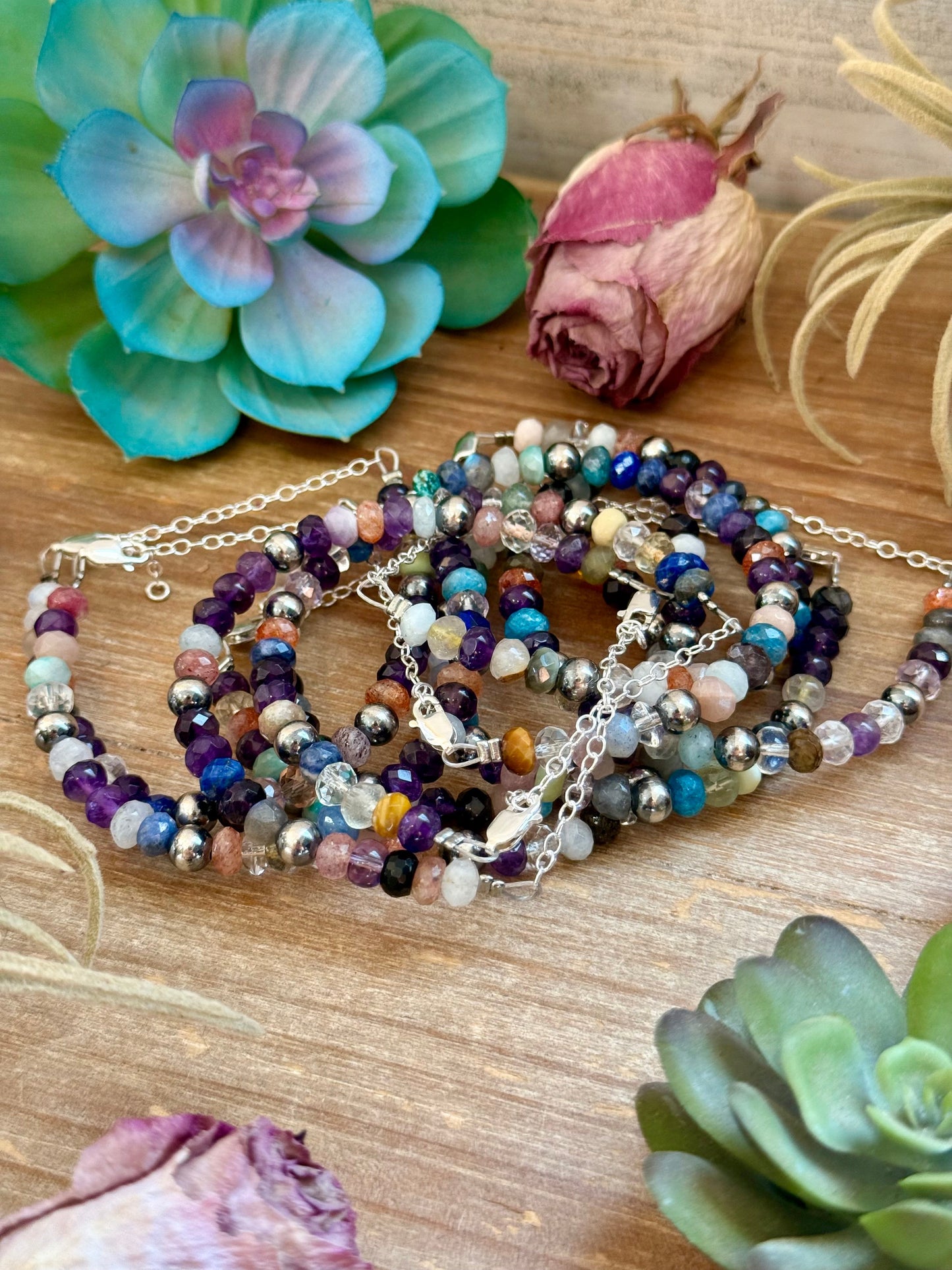 6.25” Mixed Gemstone Bracelet – 6mm Sterling Silver Pearls, lifestyle view