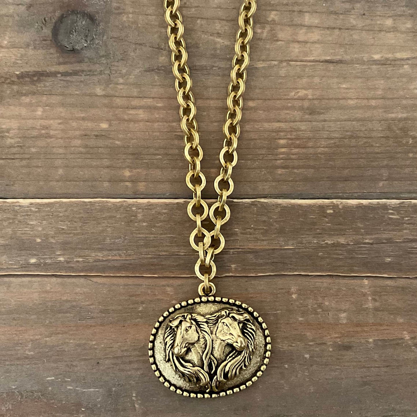 Gold Plated 18" Chain with Vintage Horse Pendant, side view
