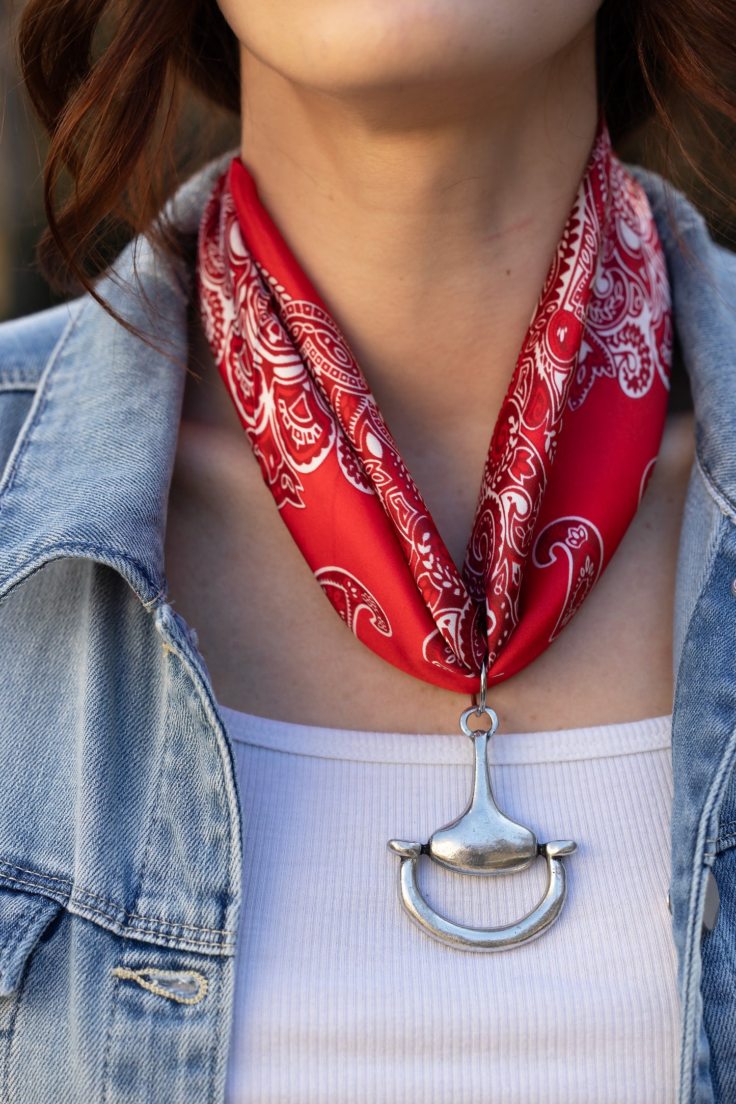 Paisley 100% Silk Scarf in Red with choice of Gold or Silver Metal Horse-Bit, front view