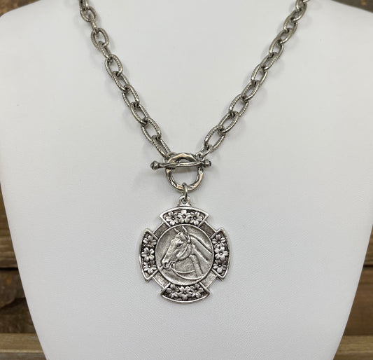 Vintage Silver 18" Chain and Toggle With Reproduction Silver Horse Flower Pendant, detail view