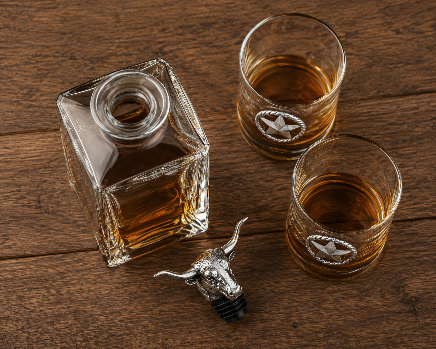 Longhorn Decanter Set with Pair of Glasses, back view