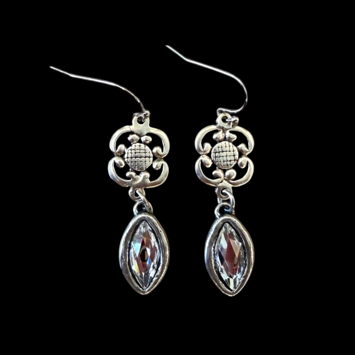 Vintage Reproduction Clover & Crystal Earrings, detail view