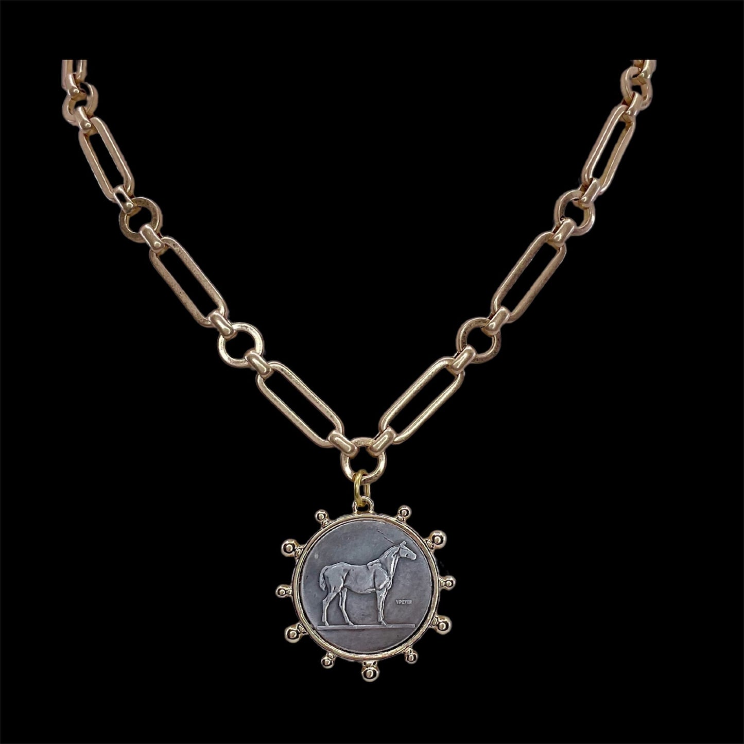Gold Plated Horse Coin Necklace, front view