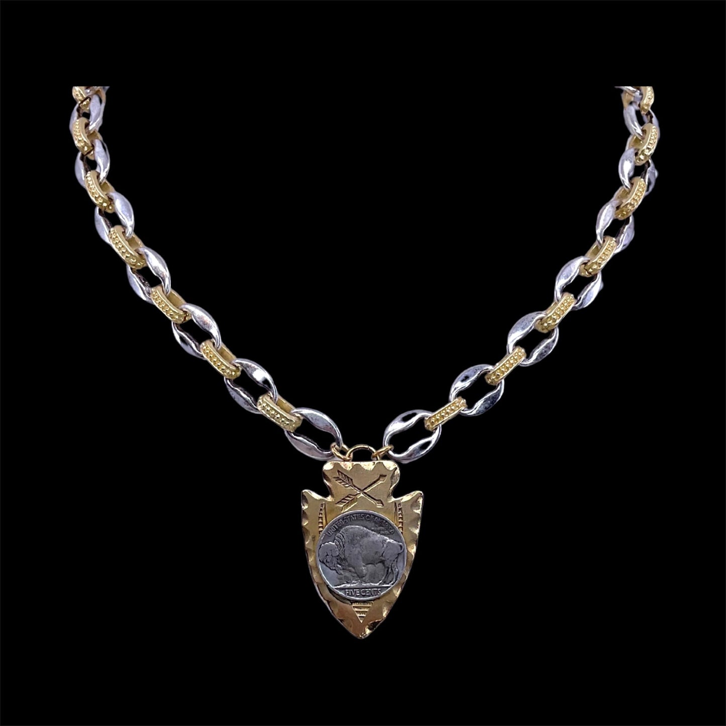 Vintage Mixed Metal Chain with Vintage Buffalo Coin, front view