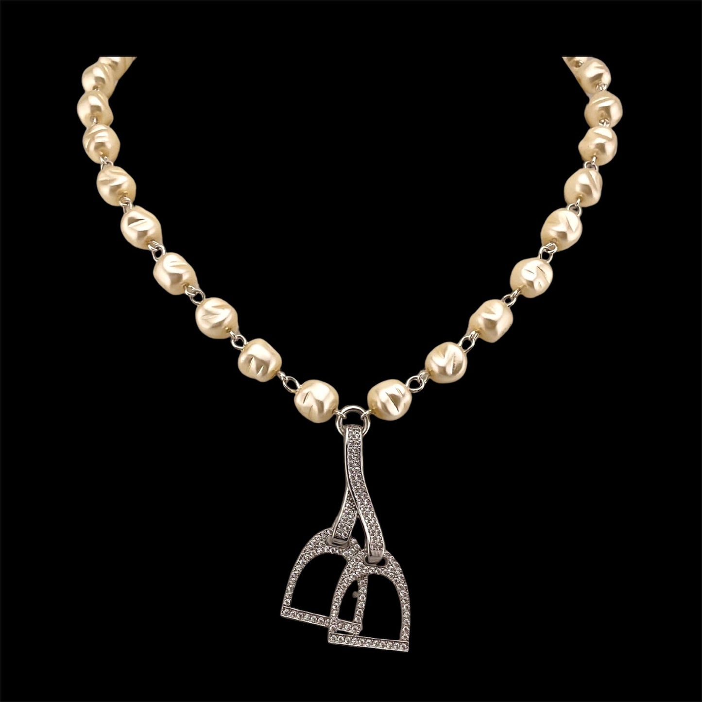 Vintage Faux Pearls with Rhinestone Horse Stirrups, front view