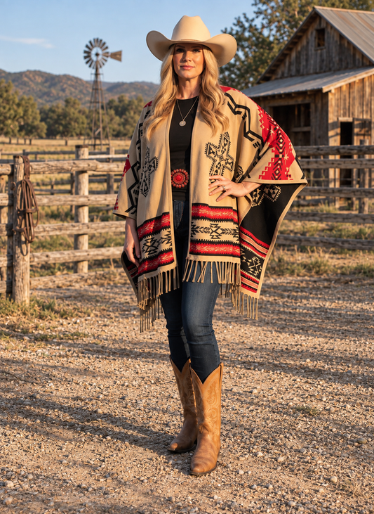 Southwest Reversible Shawl Wrap - Red/Tan/Black