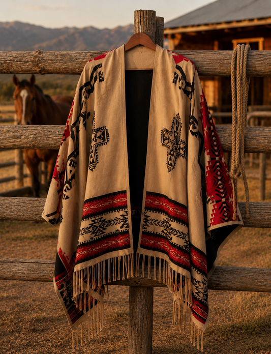 Southwest Reversible Shawl Wrap - Red/Tan/Black, detail view