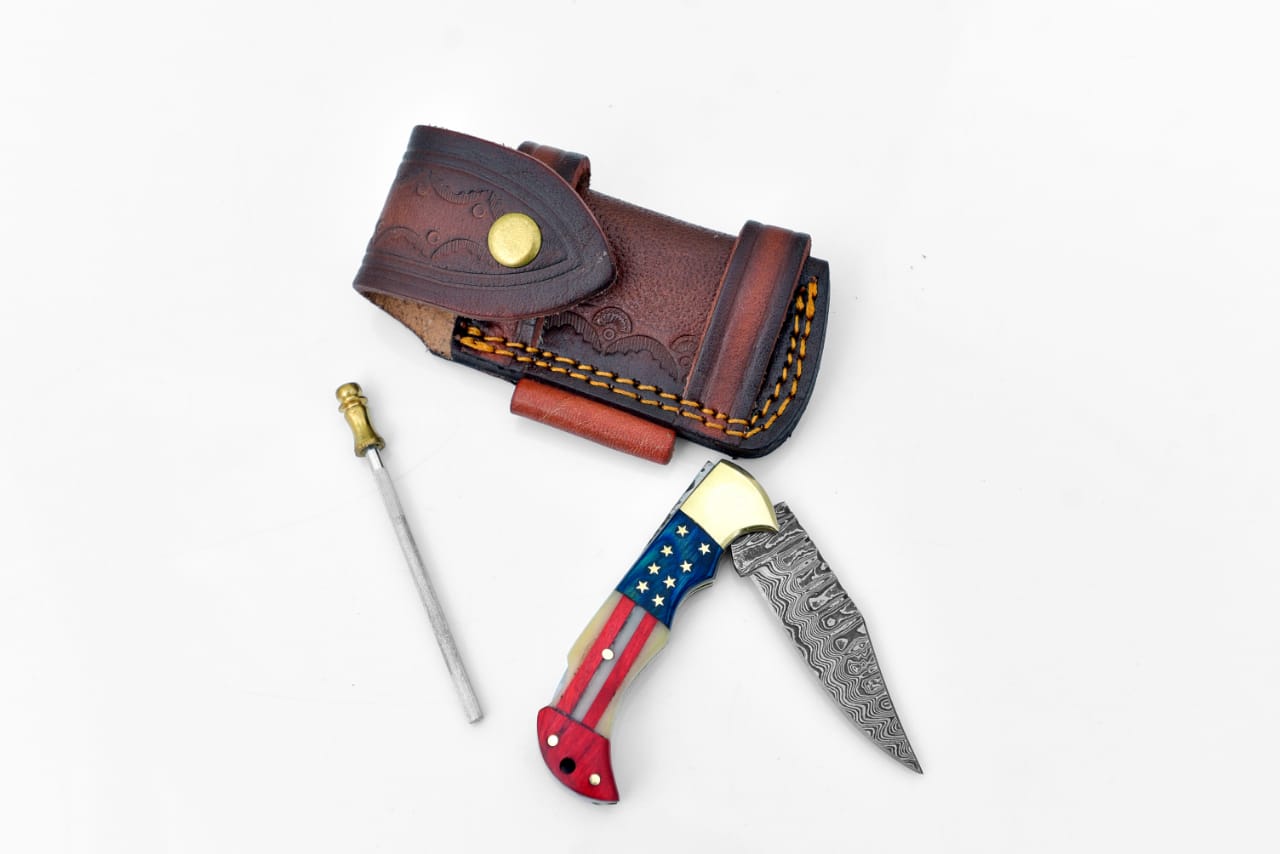 Damascus Steel Patriot Resin Pocket Knife