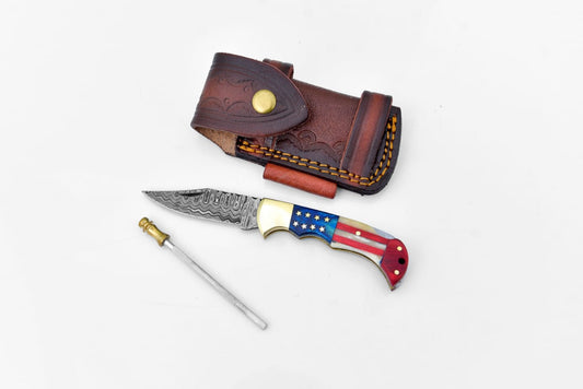 Damascus Steel Patriot Resin Pocket Knife