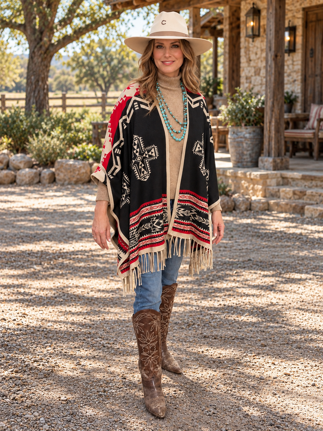 Southwest Reversible Shawl Wrap - Red/Tan/Black