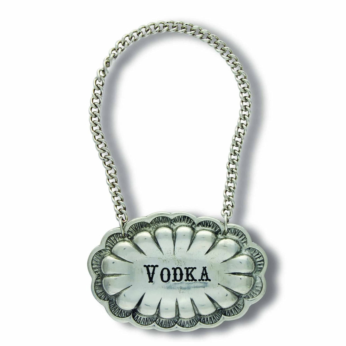 Pewter Western Decanter Tags, angle view