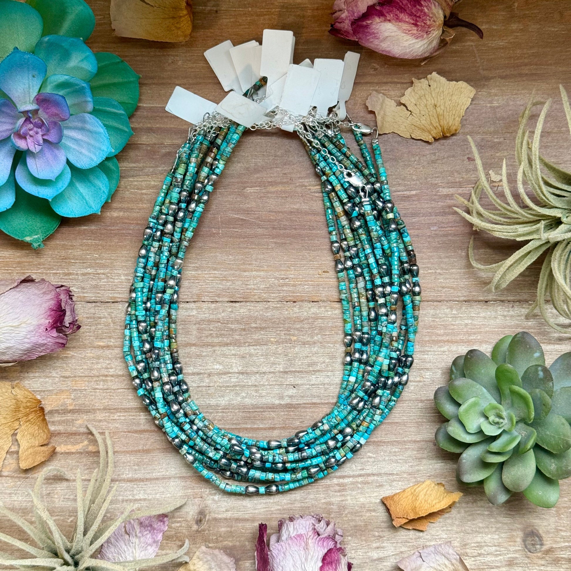 Turquoise Heishi Necklace with Pear Shape Pendant – 14”, detail view