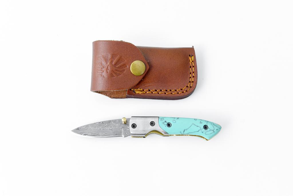 Damascus Steel Turquoise Resin Pocket Knife