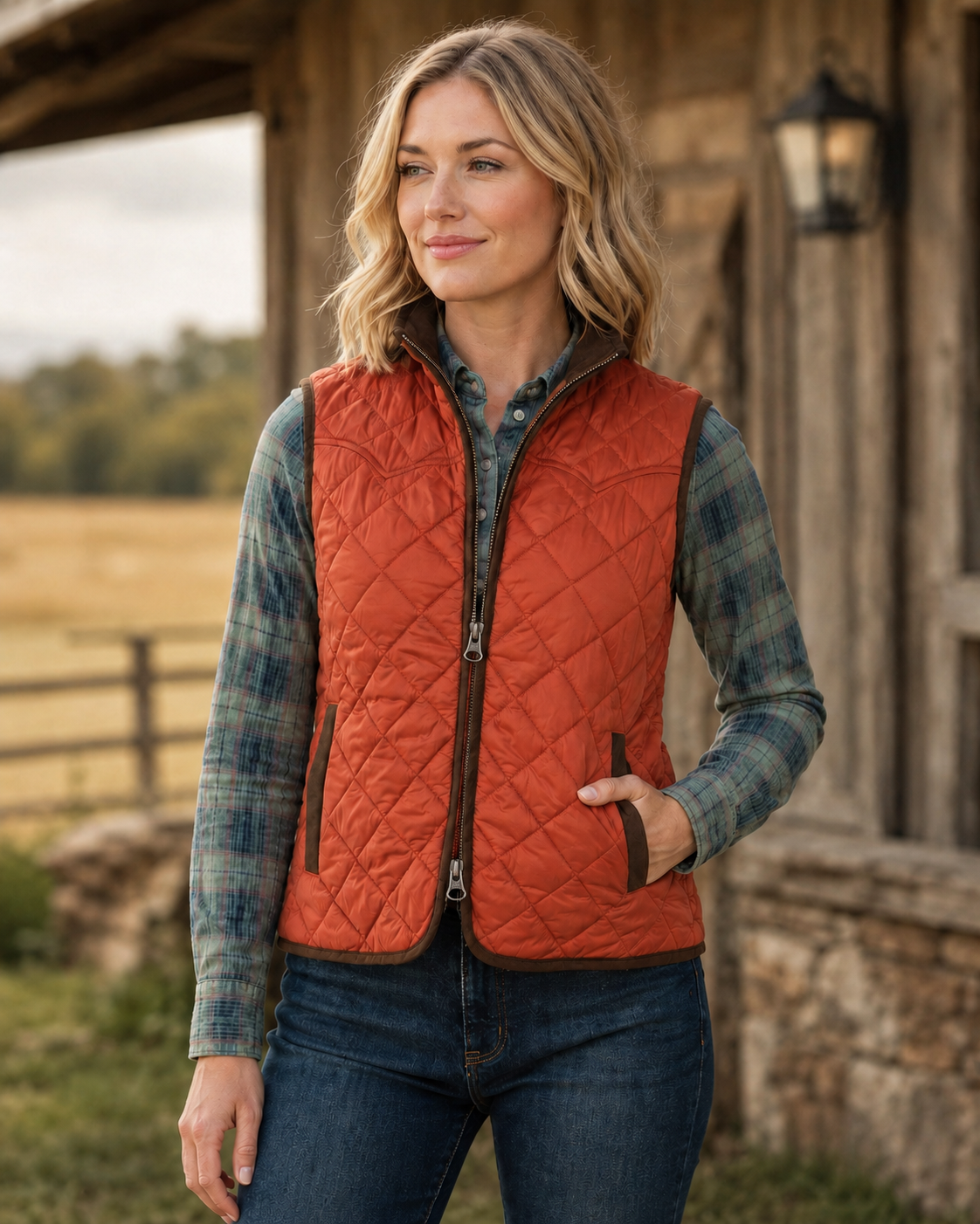 Ennis Quilted Nylon Vest with Microsuede Trim, front view