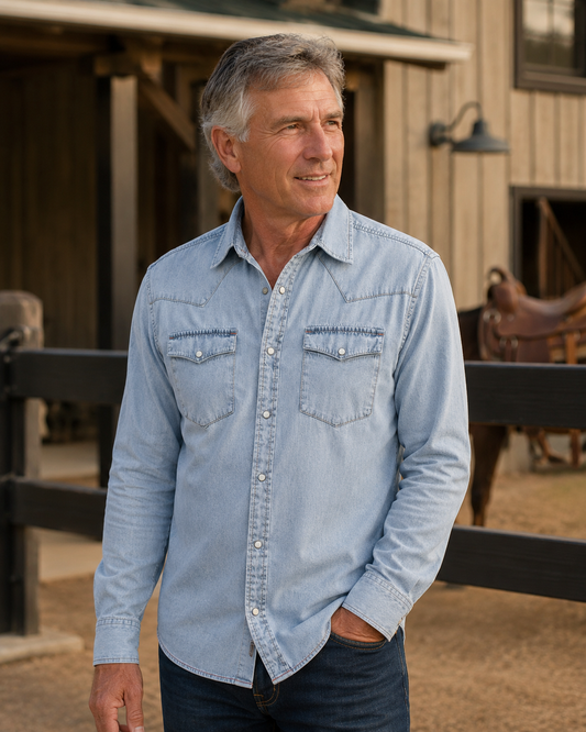Bisley Washed Denim Western Shirt - Chambray Denim