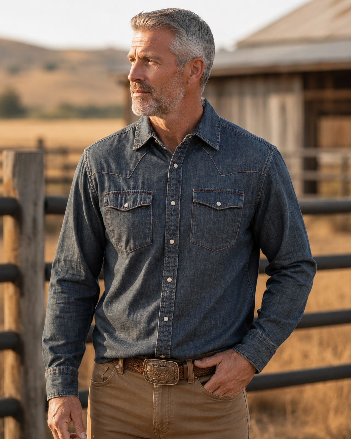 Bisley Washed Denim Western Shirt - Indigo Denim