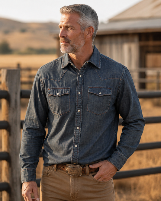Bisley Washed Denim Western Shirt - Indigo Denim