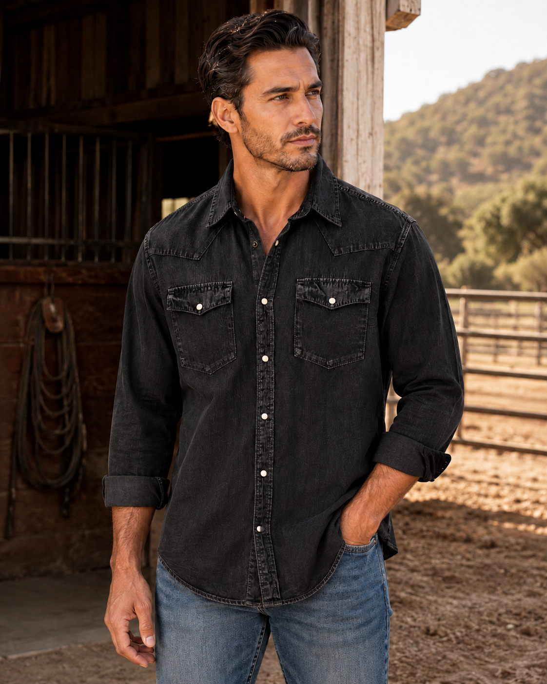Bisley Washed Denim Western Shirt - Black Denim
