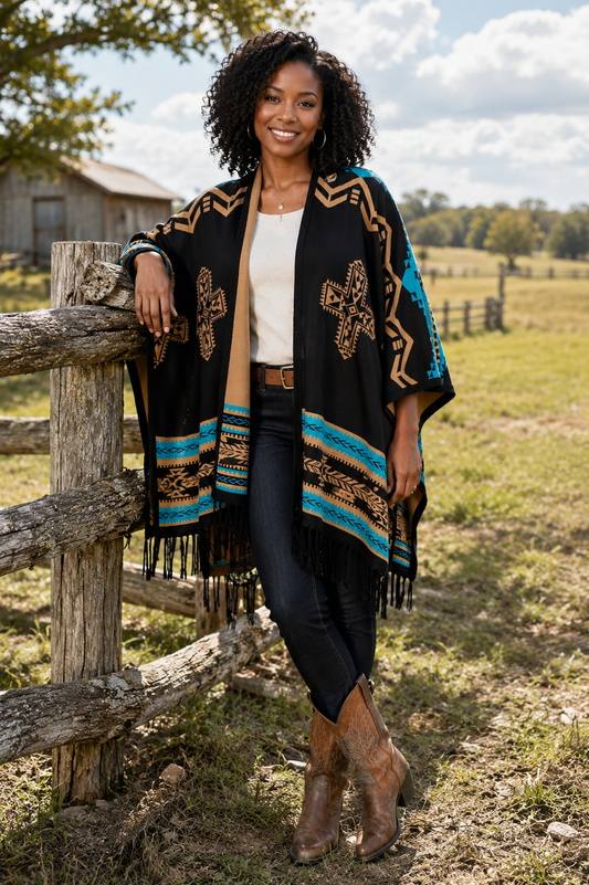 Southwest Reversible Wrap - Black/Tan, front view