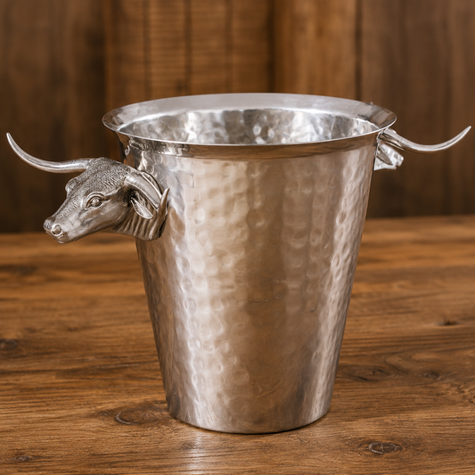 Steel Ice Bucket with Long Horn Steer Handles, detail view
