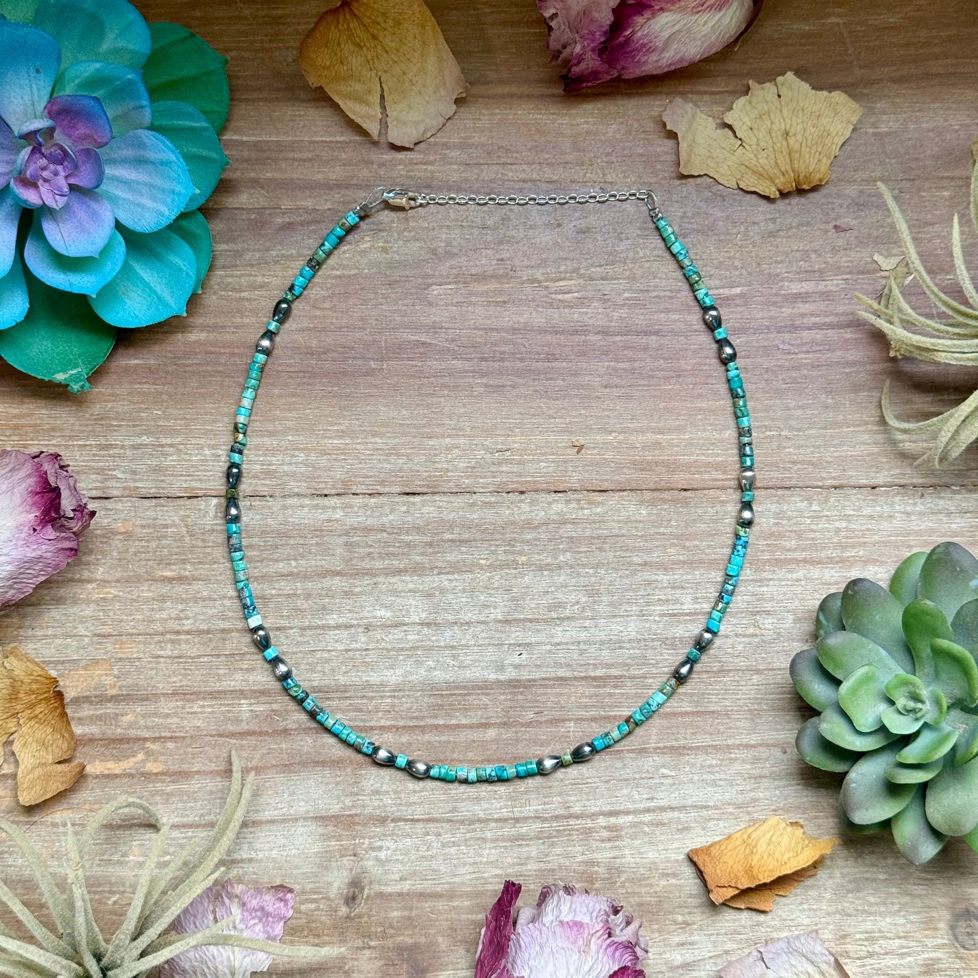 Turquoise Heishi Necklace with Pear Shape Pendant – 14”, front view