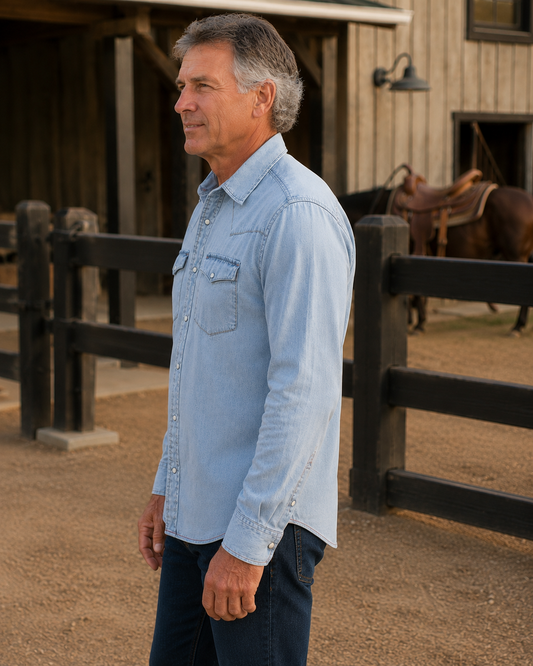 Bisley Washed Denim Western Shirt - Chambray Denim