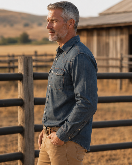 Bisley Washed Denim Western Shirt - Indigo Denim