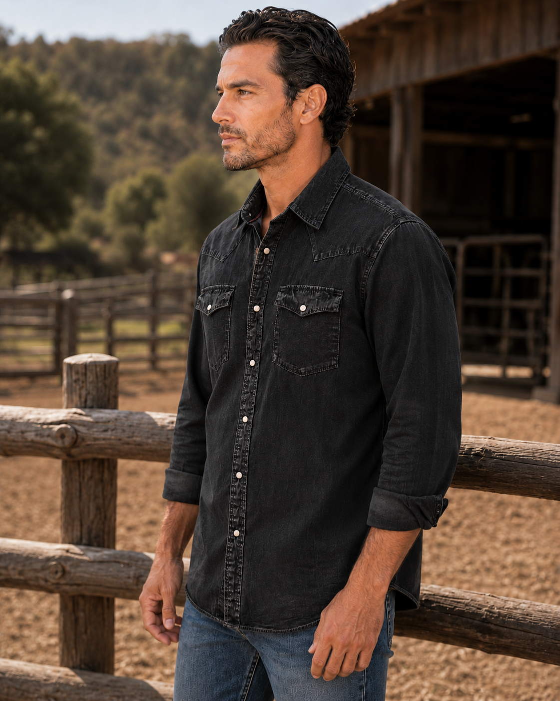 Bisley Washed Denim Western Shirt - Black Denim