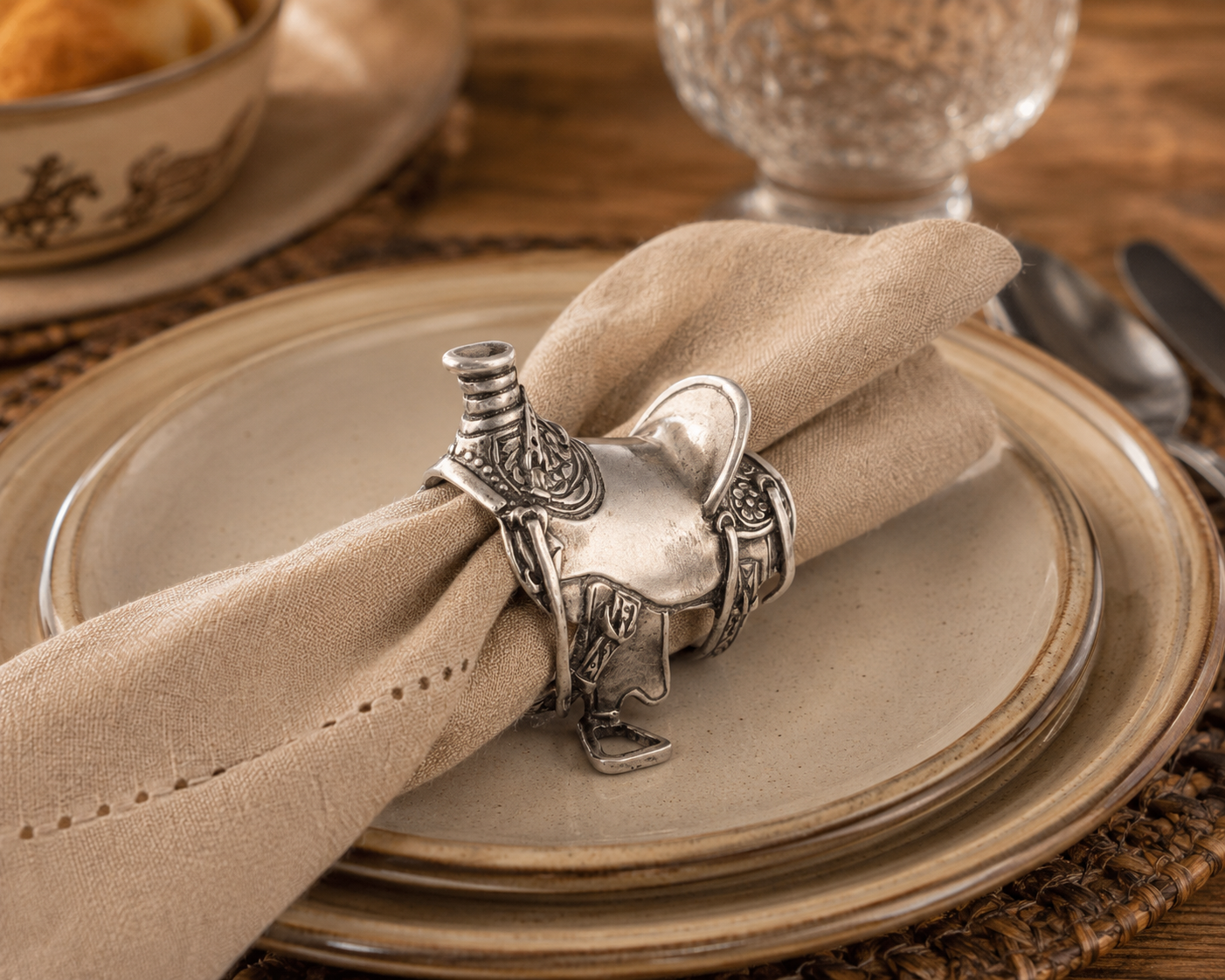 Pewter Cowboy Saddle Napkin Ring, side view