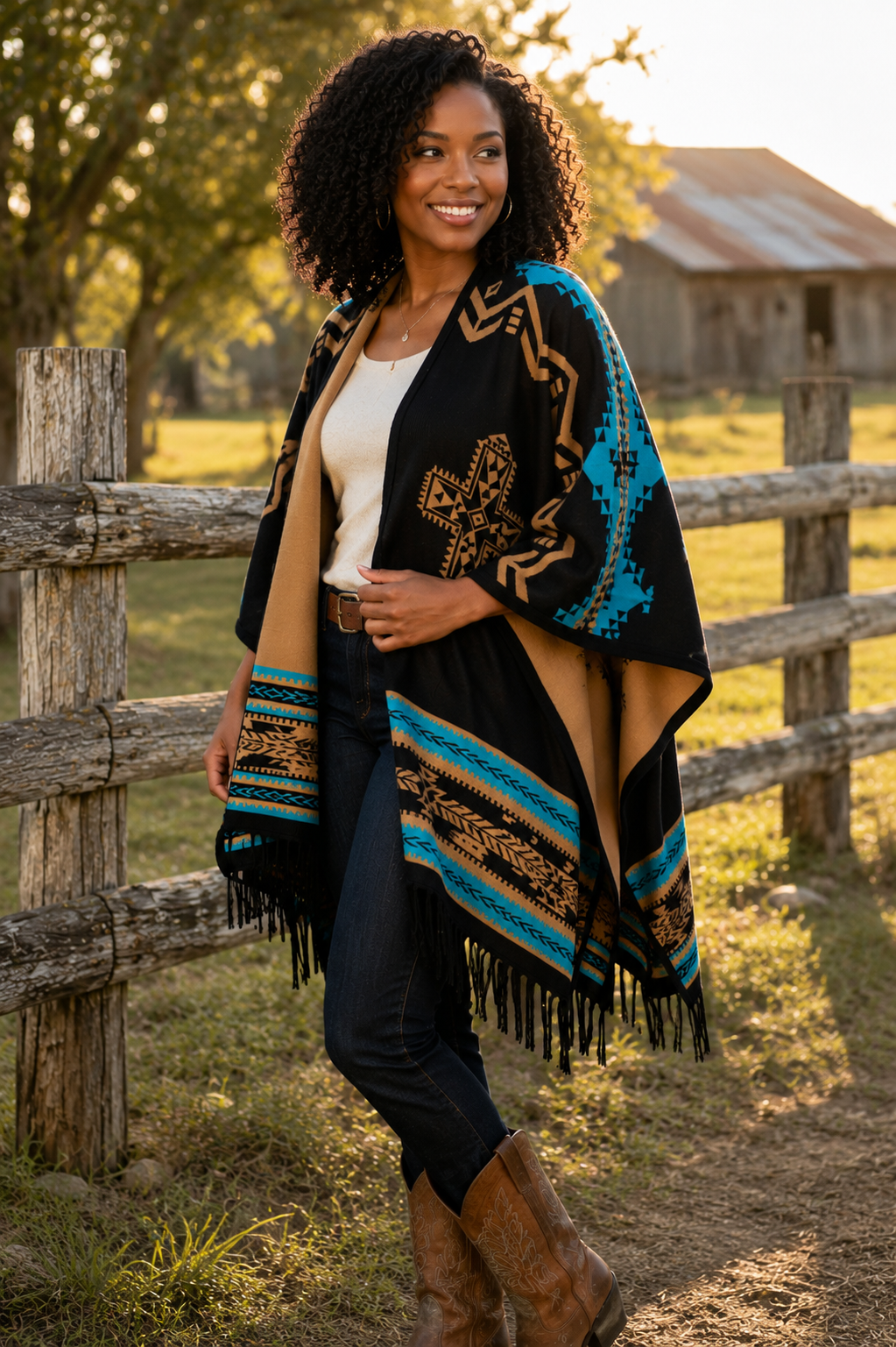 Southwest Reversible Wrap - Black/Tan, detail view