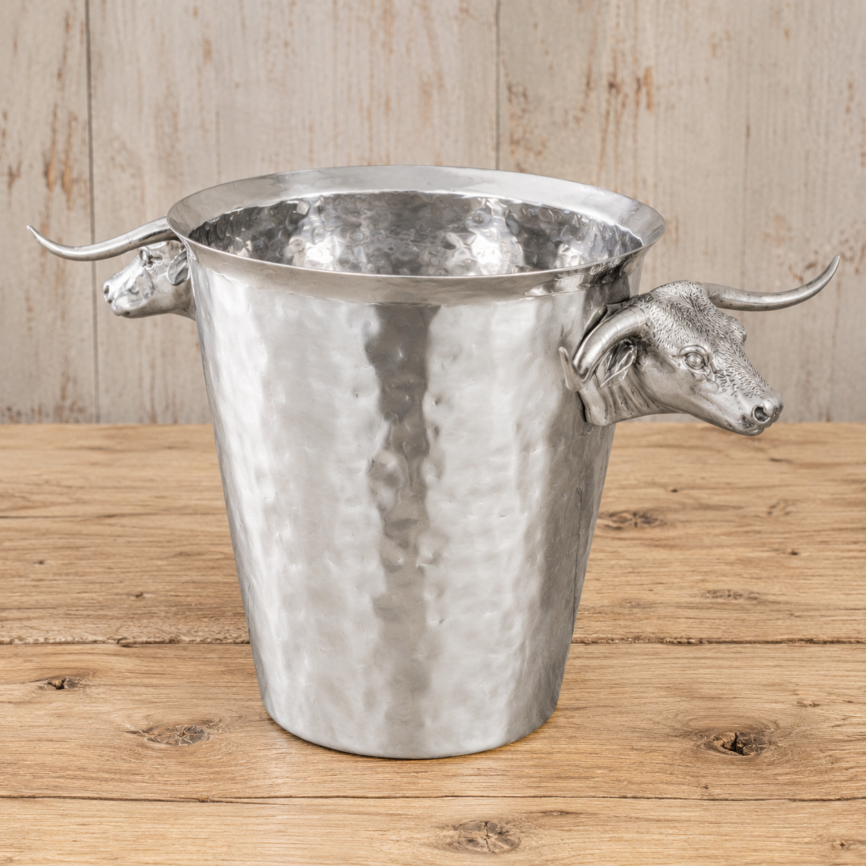 Steel Ice Bucket with Long Horn Steer Handles, side view