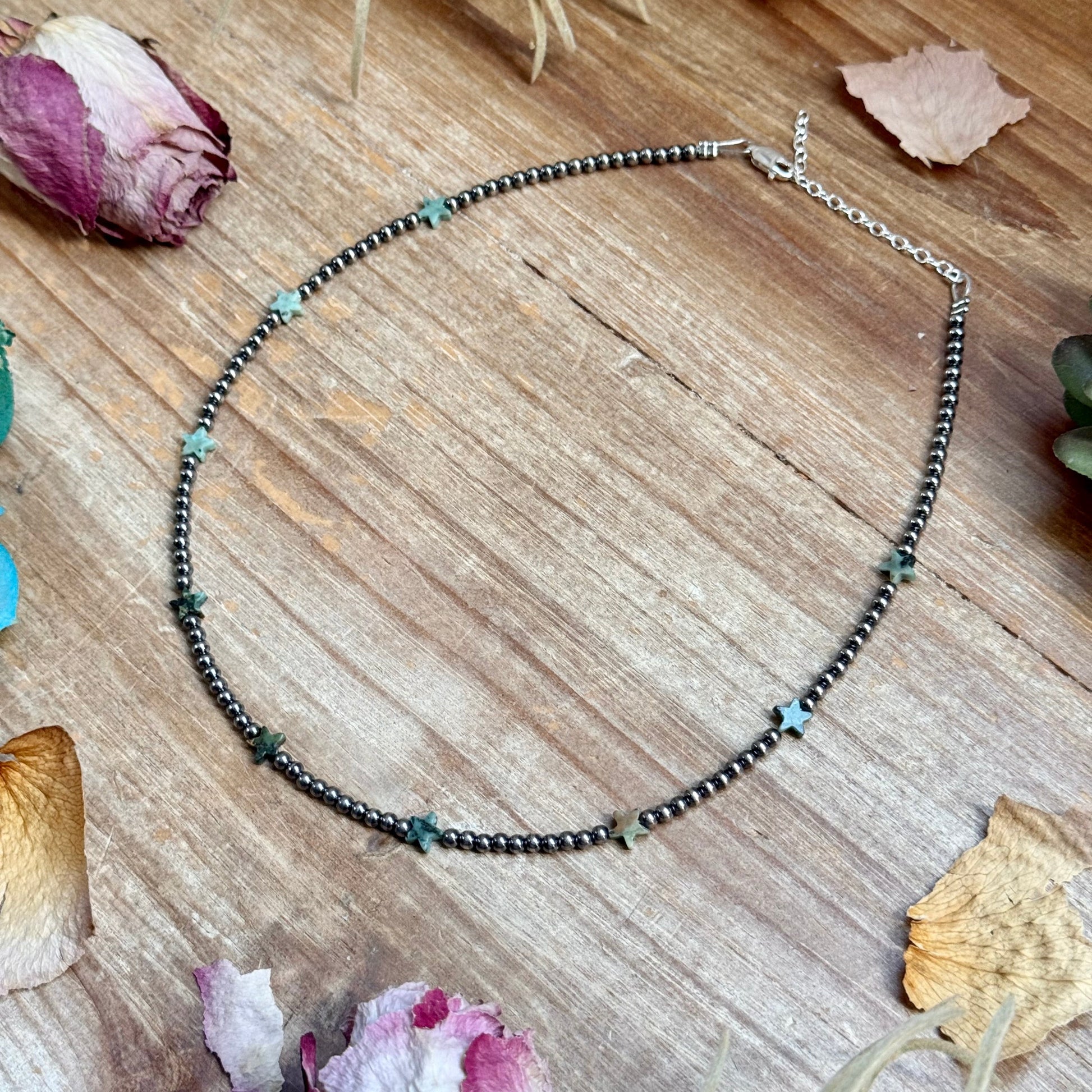 15” African Turquoise Star Necklace – Sterling Silver Pearls, close-up view