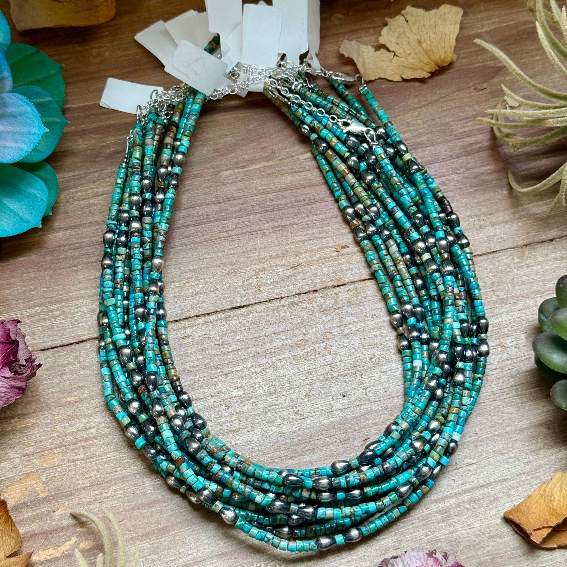 Turquoise Heishi Necklace with Pear Shape Pendant – 14”, lifestyle view