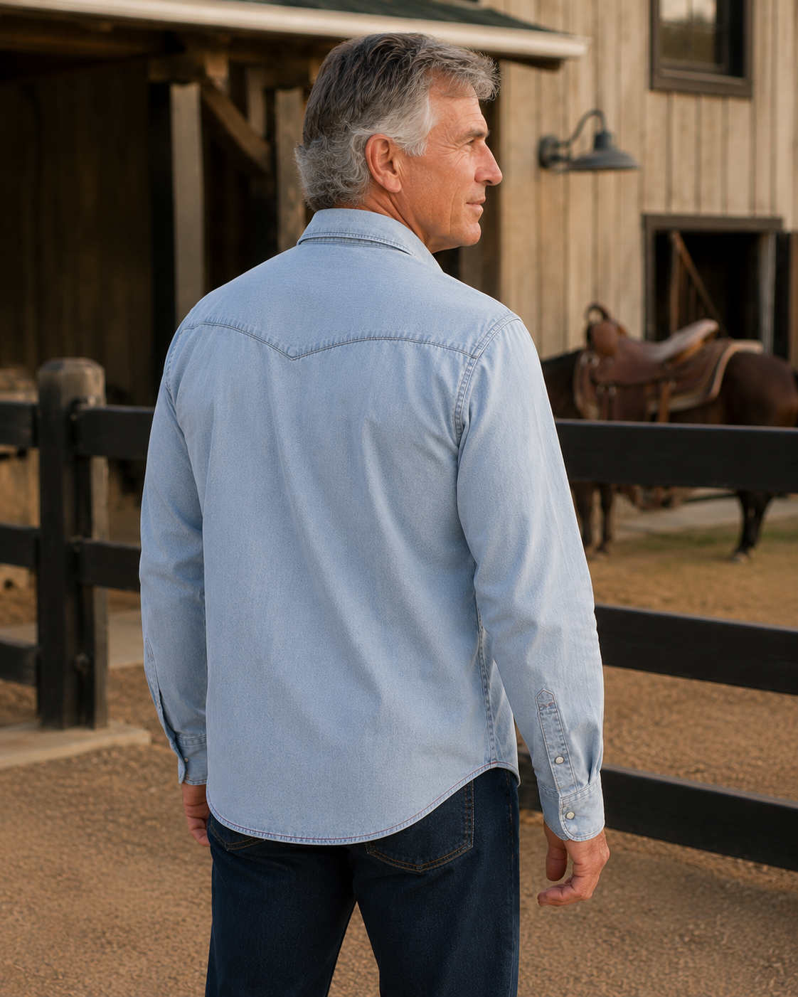 Bisley Washed Denim Western Shirt - Chambray Denim