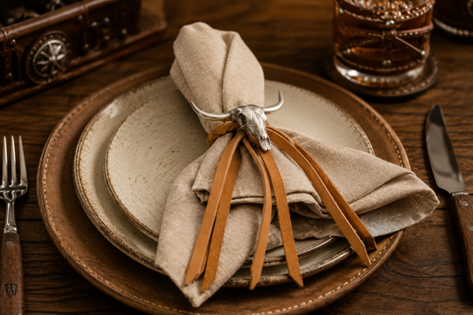 Long Horn Skull Leather Napkin Ring, front view