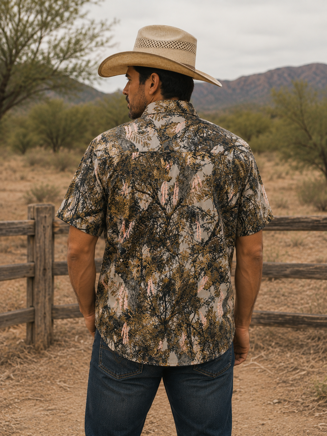 Mesquite Camo Pearl Snap, angle view