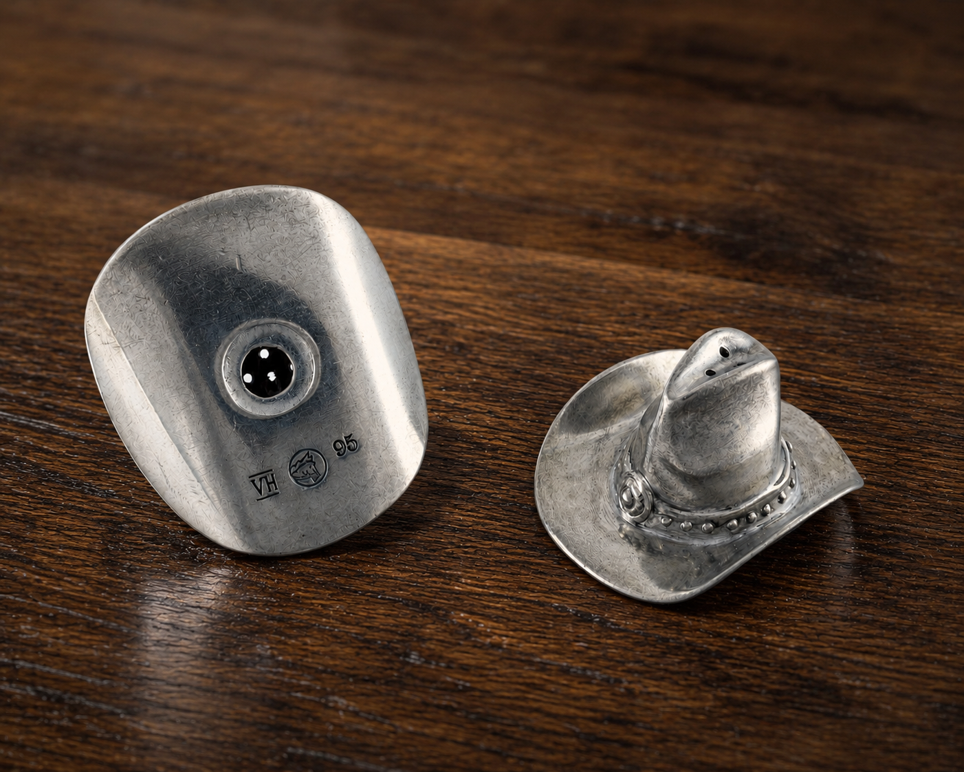Pewter Cowboy Hat Salt & Pepper Set, detail view