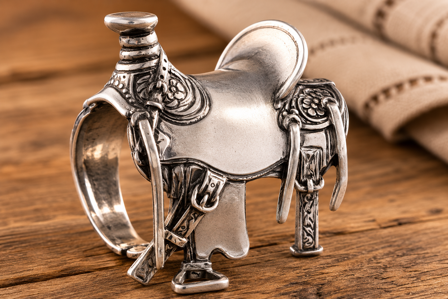 Pewter Cowboy Saddle Napkin Ring, detail view