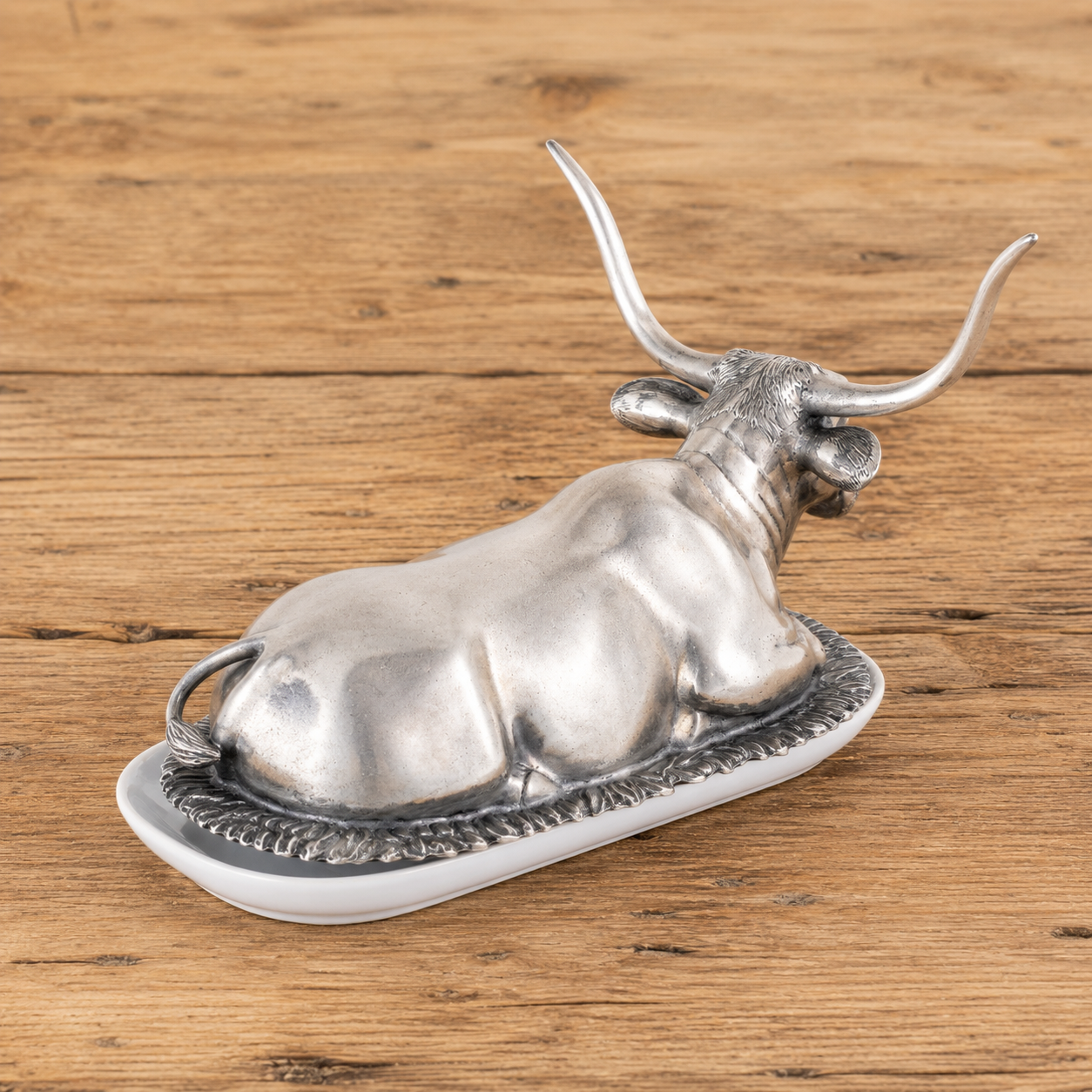 Pewter Longhorn Steer Butter Dish, side view