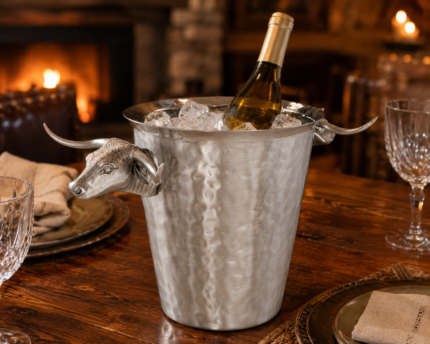 Steel Ice Bucket with Long Horn Steer Handles, front view